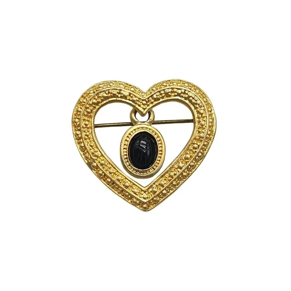 Black Cabochon Dangle Heart Brooch Pin Gold Tone Vintage
